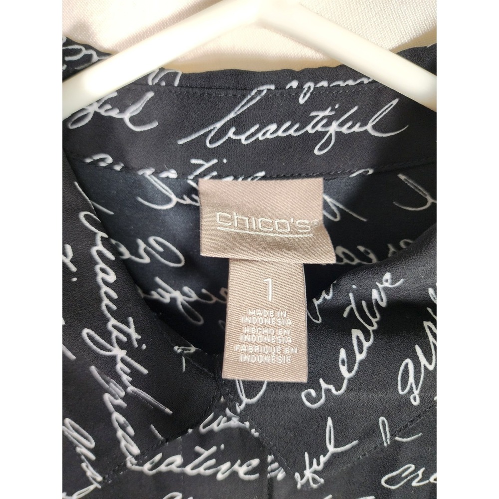 Chico's Womens 1 Black Blouse Top Script Print Career Artsy Office Literary - Picture 3 of 7
